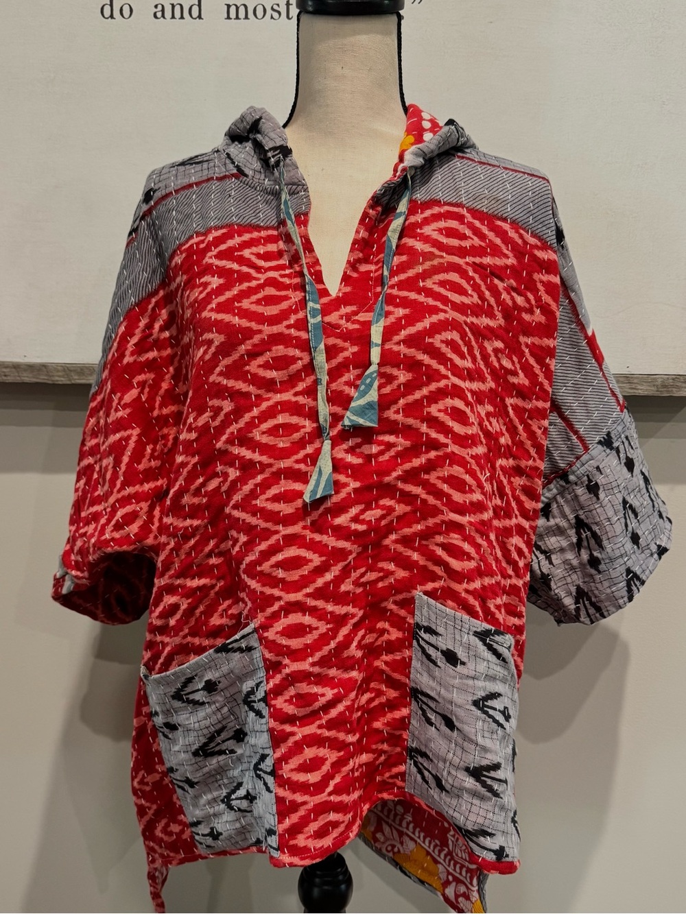 Patchwork Kantha Bae Hooded Reversible Top with Front Pockets